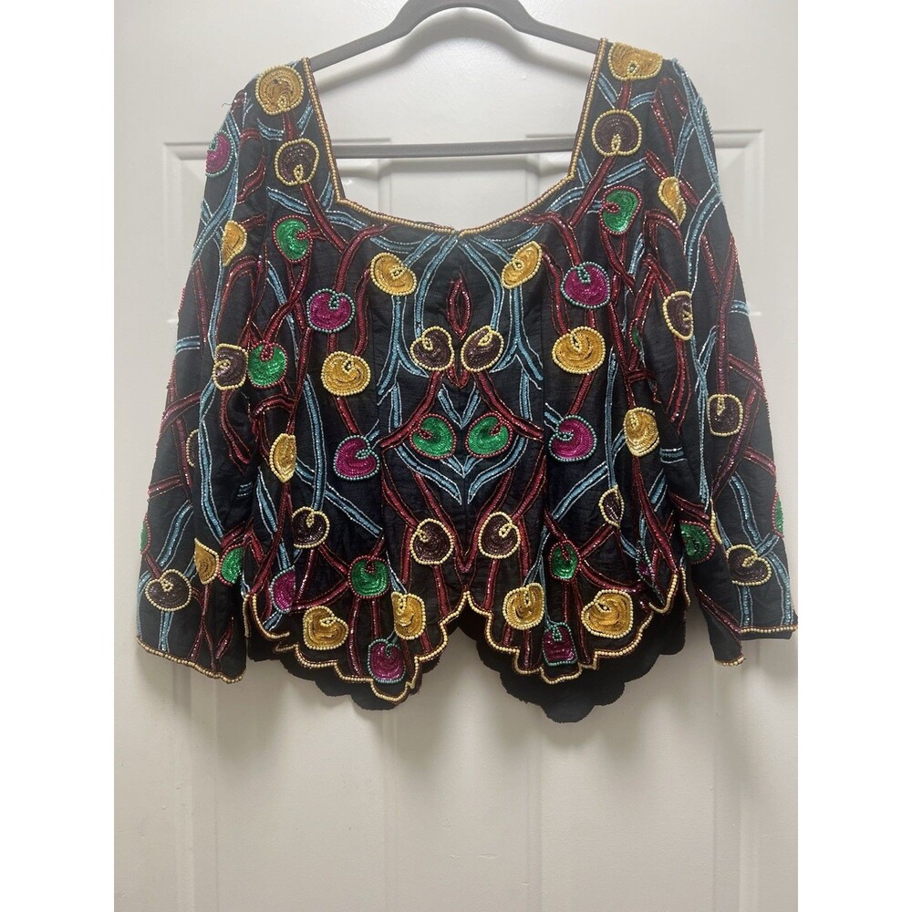 VTG Beaded Silk Beaded Sequin Scallop Hem Festival Shirt Top Sz M Bling Boho - Picture 4 of 6